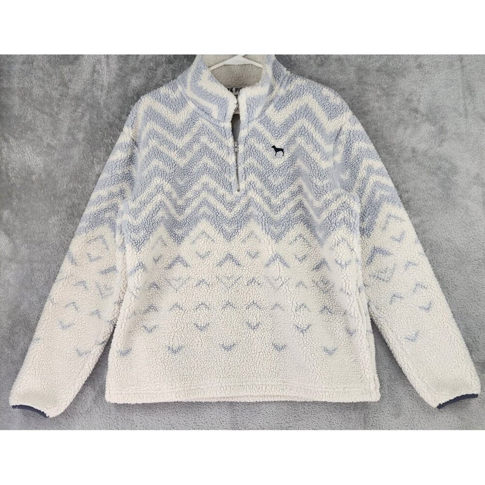 Victorias Secret Pink Sweater Womens Medium Blue White Fair Isle 1/4 Zip Sherpa